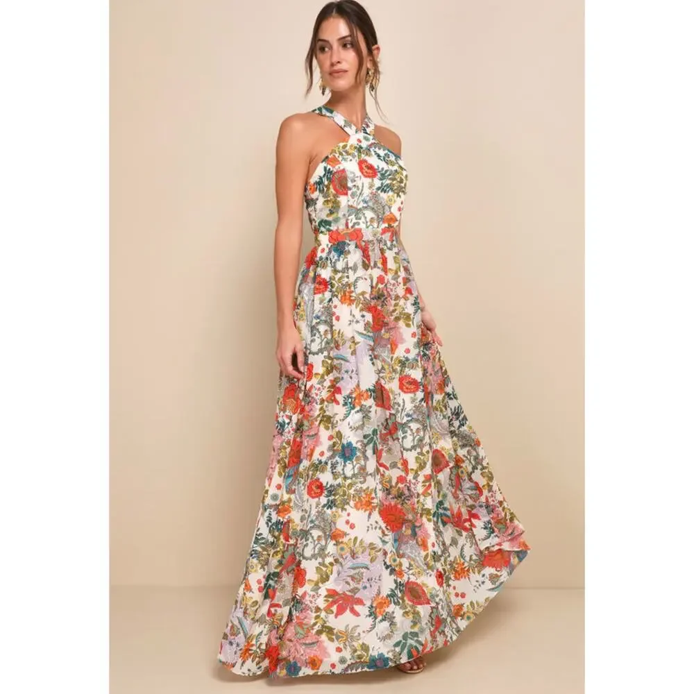 Lulus Lilja Cream Floral Print Maxi Dress Small - Picture 3 of 15